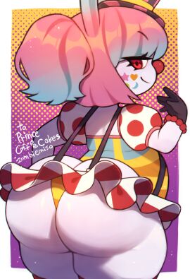 1girls ass ass_cleavage ass_crack belly blue_highlights bracelet breasts bunny_ears butt_crack chubby chubby_female clown clown_girl clown_makeup clown_nose eyelashes fat female female_focus female_only gloves hat hips large_ass looking_back looking_back_at_viewer miniskirt pink_hair prattagail rabbit_ears red_eyes skirt stomach suspender_skirt suspenders thick_thighs thighs top_hat wide_hips zombiemiso