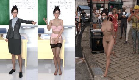 3d bra covering_crotch female gag gagged garter_belt garter_straps getyourclothesoff glasses nude nude_female original pink_bra public public_nudity sequence tape_gag teacher underwear