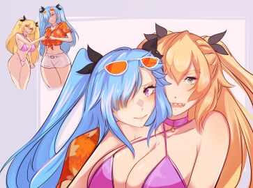 2girls akeno_(itsnafulol) bikini blonde_hair blue_hair breasts cleavage collar couple female frederica_baumann front-tie_top green_eyes hair_between_eyes hair_over_one_eye hair_ribbon head_on_shoulder heart heart_hands heart_hands_duo height_difference huge_breasts looking_at_another looking_at_viewer midriff multiple_females multiple_girls multiple_views pink_eyes re:zero_kara_hajimeru_isekai_seikatsu ribbon riin_(yjirch) sharp_teeth shorts sunglasses sunglasses_on_head swimsuit tall_female taller_female teeth thick_thighs thighs twintails wide_hips wife_and_wife yuri