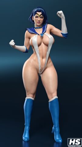 1girls 3d bishoujo_senshi_sailor_moon blue_eyes breasts capcom cosplay female female_only gloves goggles hagiwara_studio headband hi_res large_breasts lipstick monster_hunter monster_hunter_world navel sailor_mercury_(cosplay) serious_handler sling_bikini solo swimsuit thick_thighs thighs wide_hips
