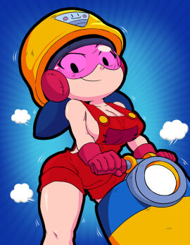 1girls big_breasts brawl_stars breasts cleavage female houseki_hiiro jacky_(brawl_stars) naked_overalls overalls purple_hair sideboob skarlet_jewel_cv05 solo text thick_thighs tinted_eyewear twintails