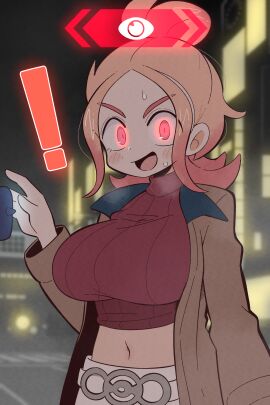 ! 1girls absurdres alpha_pokegirl blonde_hair blush breasts brown_jacket commentary_request cowboy_shot crop_top cropped_shirt female game_freak gameplay_mechanics glowing glowing_eyes gradient_hair hair_bun heavy_breathing highres jacket kurachi_mizuki large_breasts long_sleeves looking_at_viewer lumiose_city midriff multicolored_hair navel night nintendo open_clothes open_jacket open_mouth outdoors parted_bangs pink_hair pokemon pokemon_legends:_arceus pokemon_legends:_z-a red_eyes red_shirt ribbed_shirt shirt shorts sidelocks solo standing steam sweat taunie_(pokemon) turtleneck turtleneck_shirt user_interface white_shorts