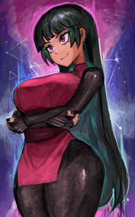 1girls black_hair black_nails blunt_bangs breasts closed_mouth commentary cowboy_shot eyeshadow female female_only fingerless_gloves fully_clothed gloves highres long_hair long_sleeves nail_polish painted_nails pantyhose pokemon pokemon_lgpe purple_eyes sabrina_(pokemon) sabrina_(pokemon_lgpe) saiykik smile solo thighs