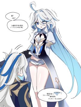 1boy 1girls bare_thighs blue_eyes blue_hair dress dress_lift drop-shaped_pupils female focalors_(genshin_impact) furina_(genshin_impact) genshin_impact heterochromia highres hiji_(hijichan) japanese_text korean_text light_blue_hair male multicolored_hair neuvillette_(genshin_impact) panties silver_hair speech_bubble thighs two-tone_hair white_hair