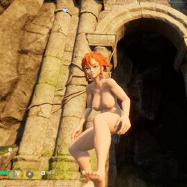 animated ass big_breasts crouching crouching_female curvy_female female gameplay gif giggle green_eyes hairy_pussy hi_res indie_game loop naked naked_female nude_mod orange_hair outside pal_tamer palworld pocketpair ponytail solo_female solo_focus sunset tagme