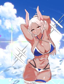 abs absurdres animal_ears armpits arms_behind_head arms_up bikini blue_bikini boku_no_hero_academia breasts cleavage female highres johwa long_hair looking_at_viewer midriff miruko muscular muscular_female my_hero_academia navel outdoors rabbit_ears rabbit_tail red_eyes rumi_usagiyama solo swimsuit tail tracen_swimsuit water white_hair