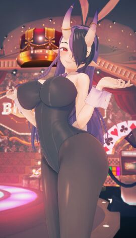 1girls 3d ass big_ass big_breasts black_hair bowtie breasts bunny_ears bunnysuit captain_hannah casino cuffs_(clothing) deluxe_rosie demon demon_girl demon_horns demon_tail female female_only fully_clothed hair_over_one_eye hips horns hourglass_figure indie_virtual_youtuber jewelry large_breasts light-skinned_female light_skin long_hair multicolored_hair pantyhose pointy_ears purple_hair red_eyes smile solo solo_female tail thick_thighs thighs tight_clothing virtual_youtuber wide_hips