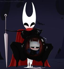 ambiguous_gender anthro arthropod bestponies big_breasts black_body blush bodily_fluids breasts clothed clothing digital_media_(artwork) digital_painting_(artwork) duo english_text excessive_genital_fluids female genital_fluids giggling hollow_knight hornet_(hollow_knight) humanoid insects nipples nude painting_(artwork) partially_clothed safe_vore simple_background team_cherry text the_knight_(hollow_knight) unbirthing vaginal_fluids vaginal_penetration vore x-ray_view