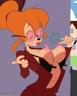 2020 black_bra bra breasts canine danielle_wrathmaker disney female female_focus female_only furry glasses goof_troop lipstick microphone newscaster nipple_piercing nipples open_jacket orange_hair outdoors pierced_nipples piercing piercings pink_lips pink_lipstick sunglasses thehumancopier tied_hair wardrobe_malfunction