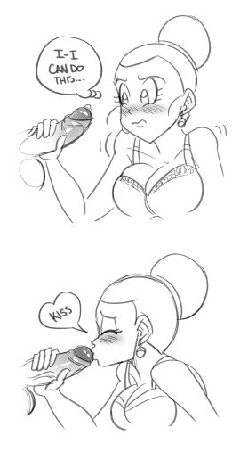 1boy 1girls 2d big_breasts big_penis blowjob breasts chichi chichi_(majin_buu_saga) dragon_ball dragon_ball_super dragon_ball_z embarrassed english_text female funsexydragonball hair_bun kissing kissing_penis lingerie looking_at_penis male oral oral_sex penis short_hair uncolored