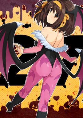 animal_print ass bat_print boots breasts brown_eyes brown_hair clothing cosplay darkstalkers female hair_ornament haruhisky head_wings high_heel_boots high_heels highleg highleg_leotard highres leotard looking_at_viewer looking_back morrigan_aensland morrigan_aensland_(cosplay) pantyhose shiny_skin sideboob small_breasts smile solo suzumiya_haruhi suzumiya_haruhi_no_yuuutsu wings
