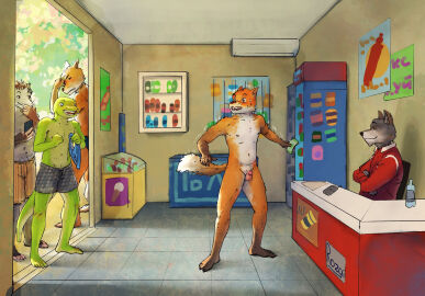 american_opossum anthro balls bottomwear canid canine canis cellphone clothed clothing crossed_arms digital_media_(artwork) electronics embarrassed feet flaccid foreskin fox fur gecko genitals group hair hi_res holding_cellphone holding_clothing holding_money holding_object holding_phone holding_smartphone humanoid_genitalia humanoid_penis humiliation lizard male male_only mammal marsupial money nipples nude open_mouth penis penis_humiliation phone public public_nudity reptile rozgi sandals scalie small_penis small_penis_exposure small_penis_humiliation smartphone smile standing store swimwear tail tight_foreskin toes topless topless_anthro topless_male topwear uncircumcised wolf