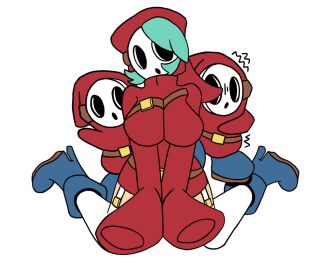 2d breasts female female_focus heels hood long_sleeves mario_(series) mask masked_female nintendo notanalt red_clothing rule_63 self_upload shy_gal shy_guy simple_background tagme teal_hair thighhighs thighs video_games