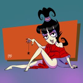 2023 ass bare_shoulders barefoot beetlejuice black_hair bubble_ass bubble_butt eyeshadow female female_focus female_only goth goth_girl light-skinned_female light_skin lipstick long_hair lydia_deetz makeup mascara nail_polish oca pale-skinned_female pale_skin pinup pinup_pose poncho sitting spider_web_poncho_dress tied_hair toe_claws wide_hips