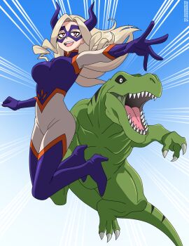 1boy 1girls beast_boy blonde_hair boku_no_hero_academia breasts busty crossover dc dc_comics dinosaur eastern_and_western_character female garfield_logan green_body green_skin heroic_pose high_heels light-skinned_female light_skin male midair monster_boy mount_lady my_hero_academia nicolasgravelqc older_female older_female_and_younger_male safe safe_for_work sfw superhero superheroine teen_titans tyrannosaurus_rex younger_male yuu_takeyama
