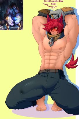 abs bara biceps big_bulge blush bulge clothing erection_under_clothes finall_bosss huge_bulge league_of_legends male male_nipples male_only muscular muscular_male nipples pecs penis penis_outline penis_under_clothes red_hair riot_games scar sett tight_clothing yaoi