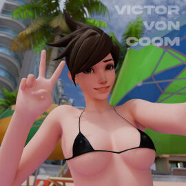 1girls 3d beach_background beach_umbrella bikini bikini_top blender blender_(software) blizzard_entertainment breasts brown_eyes brown_hair female freckles freckles_on_face human light-skinned_female light_skin looking_at_viewer overwatch peace_sign self_upload selfie short_hair smile smiling smiling_at_viewer solo tracer tree victor_von_coom
