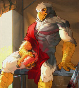 abs accipitrid accipitriform anthro avian beak bird bodily_fluids digital_drawing_(artwork) digital_media_(artwork) eagle foreskin genital_fluids genitals glans hi_res iolar_(musingfor) male male_only melee_weapon muscular muscular_anthro muscular_male penis precum runasolaris sea_eagle sitting solo steller's_sea_eagle sword uncircumcised weapon