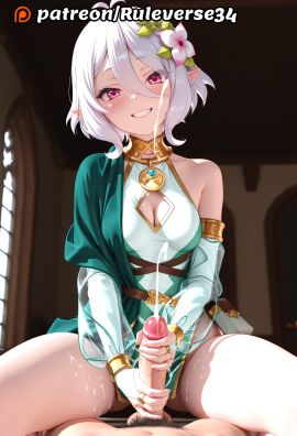 1boy antenna_hair armlet bare_shoulders blush breasts bridal_gauntlets cleavage cleavage_cutout clothed_female_nude_male clothing_cutout cowgirl_position cum cum_on_body detached_sleeves dress ejaculation elf erection female flower green_sleeves grin hair_between_eyes hair_flower hair_ornament handjob indoors jewelry kokkoro_(princess_connect!) long_sleeves looking_at_viewer male_pubic_hair medium_breasts nude penis pink_eyes pointy_ears pov princess_connect! projectile_cum pubic_hair red_eyes ruleverse34 see-through see-through_sleeves short_hair single_bare_shoulder sitting sleeveless sleeveless_dress small_breasts smile solo_focus spread_legs straddling straight teeth thighs two-handed_handjob uncensored white_flower white_hair