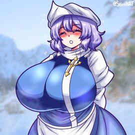 1girls artist_name big_breasts breasts closed_eyes clothed_female female hat huge_breasts lavender_hair letty_whiterock light-skinned_female light_skin purple_hair seireiart solo solo_female touhou watermark