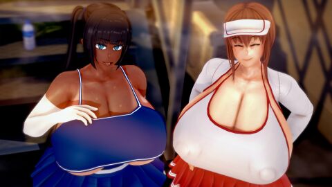 3d bbw blue_eyes breasts brown_hair cheerleader cheerleader_uniform closed_eyes female gloves huge_breasts koikatsu long_gloves long_hair mizue_ukai original original_characters short_hair solas_(artist) sports_bra tanned tanned_female tanned_skin tomoko_kikuchi twintails twintails_(hairstyle) visor
