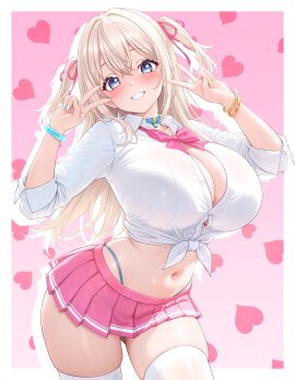 absurdres amesuku_gyaru bangle blonde_hair blue_choker blue_eyes blue_nails blush bow bowtie bracelet breasts button_gap choker cleavage collared_shirt commentary_request cowboy_shot crop_top double_v dress_shirt female front-tie_top gluteal_fold grin gyaru hair_ribbon hands_up heart highleg highres indie_virtual_youtuber jewelry kogal large_breasts long_hair long_sleeves looking_at_viewer macoto_(vtuber) midriff miniskirt nail_polish navel panty_straps pink_skirt pleated_skirt ribbon shirt skindentation skirt smile solo stomach studiopokotan thighhighs thighs two_side_up v virtual_youtuber white_shirt white_thighhighs zettai_ryouiki