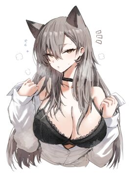 1girls 2024 animal_ears arknights black_bra black_choker bra breasts choker cleavage female grey_hair heavy_breathing hi_res horn/wood large_breasts light-skinned_female light_skin long_hair long_sleeves looking_at_viewer mole_above_eye multi_ear partially_unbuttoned penance_(arknights) puffy_long_sleeves puffy_sleeves shirt simple_background sleeves_past_wrists solo tail underwear upper_body white_background white_shirt wolf_ears wolf_tail yellow_eyes