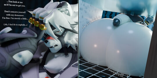 3d 3d_(artwork) anthro balls balls_expansion balls_growth balls_growth_(enlargement) big_balls big_penis blush canid canine canis chest_tuft classy clothing dialogue digital_media_(artwork) english_text expansion fingerless_gloves fur genital_expansion genital_growth genital_growth_(enlargement) genitals gloves grey_clothing grey_topwear grey_vest hair handwear hi_res huge_balls huge_cock humanoid_genitalia humanoid_penis hyper hyper_balls hyper_genitalia hyper_penis male mammal mihoyo muscular muscular_anthro muscular_male notsobretheren oversized_balls penis pent_up red_eyes ring solo speech_bubble straps text topwear tuft vest von_lycaon white_balls white_body white_fur white_hair wolf zenless_zone_zero