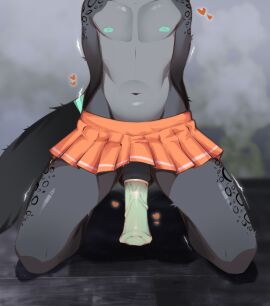 andyadopts animal_genitalia animal_penis anthro black_penis blue_nipples blue_penis bottomwear canid canine canis clothing condom deer equid equine equine_genitalia equine_penis erection erection_under_skirt femboy floor fur fur_markings genitals grey_body grey_fur heart_symbol hi_res horse hybrid male mammal markings multicolored_penis nipples orange_bottomwear orange_clothing orange_skirt penis ronin_viltarre_(nanaki_azakee) sexual_barrier_device shaking simple_background skirt solo two-tone_penis wearing_condom wolf wood wood_floor