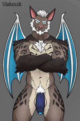 absurd_res anthro balls bat bioluminescence bioluminescent_eyes bioluminescent_penis blue_eyes body_hair brown_body brown_fur chest_hair felid final_fantasy final_fantasy_xiv foreskin fur fur_markings genitals glowing glowing_genitalia glowing_penis hair hi_res hrothgar hybrid male mammal markings navel pawsta penis pubes solo square_enix tight_foreskin uncircumcised vein veiny_penis vlakeesh_(pawsta) white_body white_fur white_hair wings
