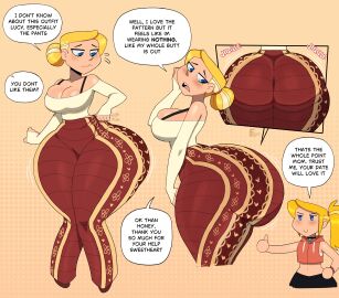 2girls ass big_ass blonde_hair blue_eyes bottom_heavy bubble_ass bubble_butt daughter dialogue fat_ass female female_only flare_pants forbidden_pants huge_ass large_ass lauren_hammond lucy_(zrfurious) massive_ass milf mother mother_and_daughter original png text thick_ass thick_thighs thunder_thighs wide_hips zrfurious