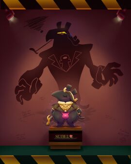 4:5 absurd_res angry ankh anthro avian bird bulge clothing detailed_background detailed_bulge disgruntled duo embarrassed graffiti heart_symbol hi_res jewelry kings_of_hell male monana-yo1 museum on_display pink_clothing pink_thong pink_underwear pipe podium prank seth_(kings_of_hell) sign sparkles spotlight staff suit_jacket teapot_(body_type) thick_thighs thong totem underwear urn wide_hips