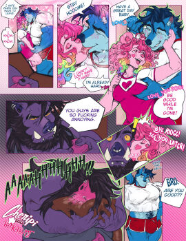 2025 anthro barabait bear blue_body blush body_hair breast_grab breasts bulge canid canine canis cherry_(barabait) clothing comic controller dialogue ear_piercing english_text facial_piercing female game_controller group hair hand_on_breast heart_symbol hi_res julian_(barabait) kissing licking_tongue long_hair male male/female mammal muffled_screaming muscular nipple_outline nose_piercing piercing pink_body purple_body ridge_(barabait) shirt suid suine sus_(pig) tank_top text topwear trio watermark wild_boar wolf