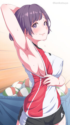 1girls armpits big_breasts blush breasts female huge_breasts kanikatsuya large_breasts presenting_armpit purple_eyes purple_hair shirt_pull shorts showing_armpits smile sweat sweatdrop sweating tagme volleyball volleyball_shorts volleyball_uniform wakipai