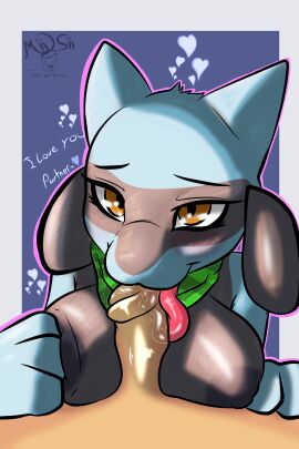 2:3 absurd_res anthro areola balls black_body blowjob blue_body blue_fur bodily_fluids brown_eyes canid canine dark_areola dialogue duo erection eyelashes fellatio female fur generation_4_pokemon genital_fluids genitals glistening glistening_eyes heart_symbol hi_res human human_on_anthro humanoid_genitalia humanoid_penis interspecies light lighting male male/female male_on_anthro mammal mii2sii multicolored_body nintendo oral oral_penetration outline penetration penile penis penis_in_mouth pink_tongue pokemon pokemon_(species) pokemon_mystery_dungeon pokephilia pokesiimii riolu saliva saliva_on_penis saliva_on_tongue scarf sex shaded spike_chunsoft text tongue tongue_out tongue_out_blowjob two-tone_body water watermark