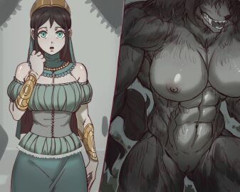 abs absurd_res after_transformation anthro armor bandifaco bangs bare_shoulders before_and_after black_body black_fur black_hair bottomwear bracers breast_expansion breast_growth breast_growth_(enlargement) breasts clitoris clothing corset crucifix dress expansion fangs female fur gauntlets genitals glistening glistening_body gloves green_eyes grey_body grey_fur growth hair hair_over_eyes handwear headdress headgear hi_res hidden_eyes horny horny_female human identity_death jewelry lingerie long_hair mammal mental_transformation monster_girl muscle_growth muscles muscular muscular_female necklace pale_skin post-transformation pussy smile solo species_transformation surprise tail teeth tight_bottomwear tight_clothing topwear transformation werewolf