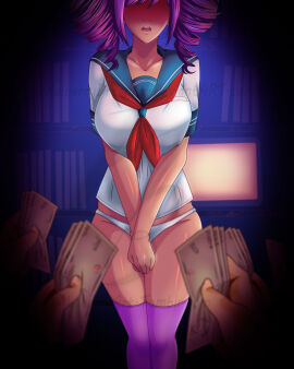 1girls 2016 4boys big_breasts breasts bribe busty compensated_dating curvy curvy_female debt embarrassed female half-dressed half_naked kokona_haruka male money mulberryart no_skirt offering_money panties purple-haired_female purple_hair purple_stockings red_face sailor_collar sailor_uniform school school_uniform schoolgirl serafuku stockings twin_drills twintails twintails_(hairstyle) yandere_simulator