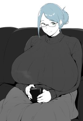 1girls big_breasts breasts daniella_(setawar) female female_only glasses hair_bun huge_breasts looking_at_viewer original_character setawar_(coco) sweater