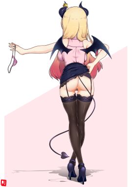 1girls ass back bandaid_on_pussy bat_wings bitch blonde_hair exhibitionism exhibitionist female garter_belt heels hololive hololive_gen_2 hololive_japan horns johnny_(braun-kan_cafe) long_hair no_panties nopan panties panties_removed prostitute prostitution pussy tail virtual_youtuber wings yuzuki_choco