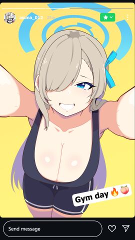 ale24x asuna_(blue_archive) big_breasts blue_archive blue_eyes breasts clip_studio_paint_(medium) emoji eye_covered female female_only gym gym_clothes hair_ornament instagram long_hair looking_at_viewer sports_bra sportswear