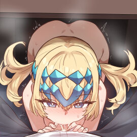 1boy 1girls ass blonde_hair blowjob blue_eyes blush breasts clothed_male_nude_female cum cum_in_mouth desk ebora fate/grand_order fate_(series) fellatio female light-skinned_female light-skinned_male light_skin looking_at_viewer male male_pov medium_breasts oral penis pollux_(fate) pov shiny_hair shiny_skin stealth_fellatio sweat sweatdrop tiara trembling twintails uncensored under_desk unzipped unzipped_pants youngmanisdown
