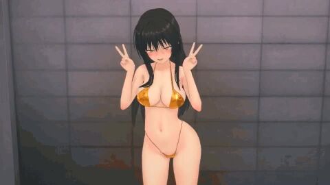 3d animated bikini black_hair bouncing_breasts breasts collarbone cowboy_shot dancing double_v edmond_(artist) eyelashes female female_focus gold_bikini hands_up indoors koikatsu_(medium) kotegawa_yui large_breasts long_hair looking_at_viewer looping_animation naughty_face navel open_mouth smile solo standing swimsuit tagme to_love-ru v video yellow_eyes