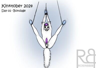 animal_genitalia animal_penis anthro ass bondage bondage_gear bondage_gloves bound canid canine canine_genitalia canine_penis canis clothing fur genitals gradient_background hair handwear hi_res knot knotted_penis male mammal penis purple_hair purple_penis ravenspart robin888b simple_background solo white_body white_fur wolf