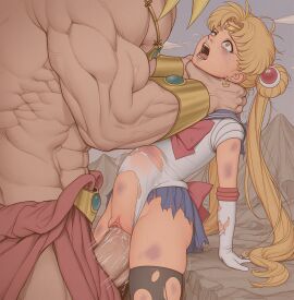 1boy 1girls ai_generated bishoujo_senshi_sailor_moon broly bruised cocksleeve crossover defeated defeated_heroine dragon_ball duo female male outdoors sailor_moon size_difference stomach_bulge stomach_deformation straight torn_clothes torn_clothing usagi_tsukino vaginal_penetration