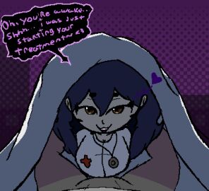 1boy 1girls 2d :3 artist_self-insert big_breasts black_blush black_hair blush_stickers breasts brown_eyes bulge circle_eyebrows comic cosmichannah curly_hair dialogue english_text female female_focus first_person_view hannah_(cosmichannah) looking_at_viewer male male_pov more_at_source nurse nurse_uniform oc penis pov pressing_against_penis simple_eyes small_nose staring_at_viewer talking talking_to_viewer text text_bubble under_covers