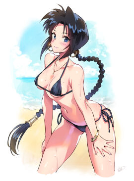 beach_background bikini braided_hair braided_ponytail looking_at_viewer matsuda_(matsukichi) misao_makimachi ocean_background piercings rurouni_kenshin