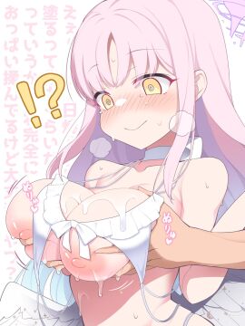 !? 1boy @_@ applying_sunscreen bikini bikini_top_lift blue_archive blue_hair breasts choker clothes_lift embarrassed feathered_wings female gradient_hair groping halo hands_on_another's_chest heavy_breathing highres large_breasts long_hair low_wings male mika_(blue_archive) mika_(swimsuit)_(blue_archive) multicolored_hair nipples pink_hair pink_halo raised_eyebrows solo solo_focus swimsuit tatsuya_(trypaint) white_bikini white_choker wing_ornament wings