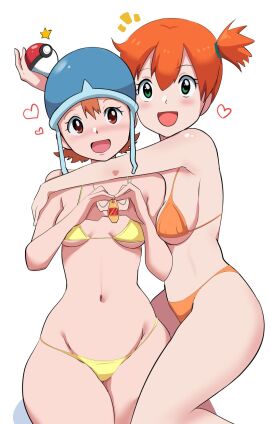 2girls arm_on_another's_shoulder bare_shoulders bikini blush brown_eyes collarbone crests_(digimon) crossover digimon digimon_adventure female green_eyes hat highres holding holding_poke_ball jewelry kasumi_(pokemon) looking_at_viewer multiple_females multiple_girls necklace olm_(studio) open_mouth orange-haired_female orange_bikini orange_hair pabsmikan poke_ball pokemon pokemon_(anime) simple_background sora_takenouchi swimsuit takenouchi_sora toei_animation white_background yellow_bikini
