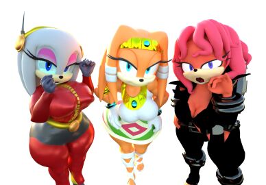 3d 3d_model 3girls big_breasts blue_eyes breasts cleavage echidna female grey_hair hand_on_hip jb5c25 jewelry kabalmystic large_breasts latex latex_suit lien-da mobian mobian_(species) mobian_echidna orange_hair red_hair seductive_look seductive_smile sega skirt sonic_(series) sonic_adventure sonic_the_hedgehog_(series) thick_thighs tikal_the_echidna tikal_the_echidna_(kabalmystic) zeta_the_echidna