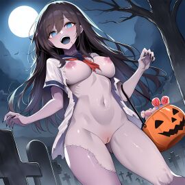 2d ai_generated areolae black_hair black_nails blue_eyes blush bucket candy eyebrows eyebrows_visible_through_hair eyelashes female female_focus female_only full_moon half_naked halloween halloween_2025 halloween_bucket halloween_theme long_hair moon moonlight nail_polish nails nipples novelai open_mouth pale_skin pumpkin purple_nipples purple_skin pussy school_uniform schoolgirl sewing shaved_pussy shionoseed teeth torn_clothes trick_or_treat uniform zombie zombie_girl